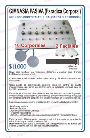 Gimnasia Pasiva 8 salidas con 16 electrodos corporales y 1 par para faciales